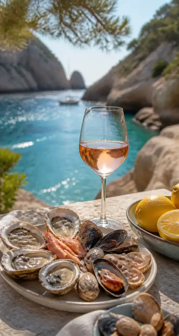 Accord mets et vins avec un rosé de Provence servi près d'une calanque avec des fruits de mer
