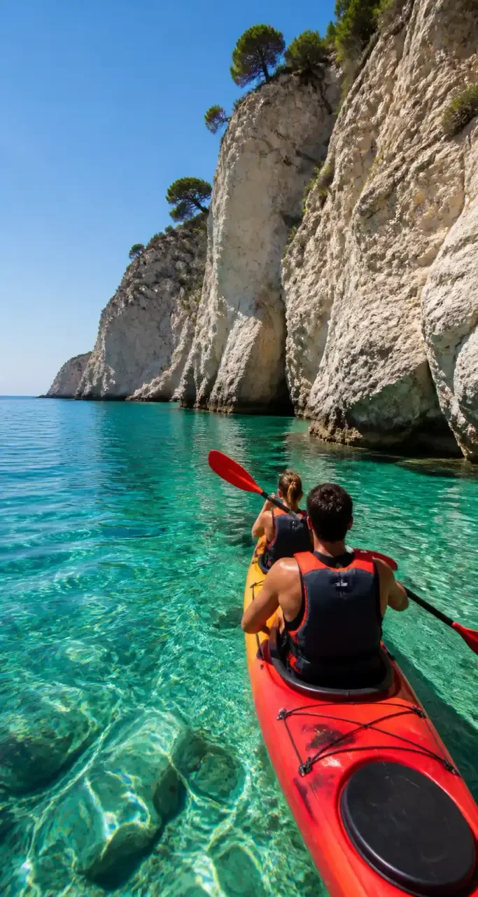 Kayak sur une mer aux eaux cristallines au pied de falaises calcaires méditerranéennes