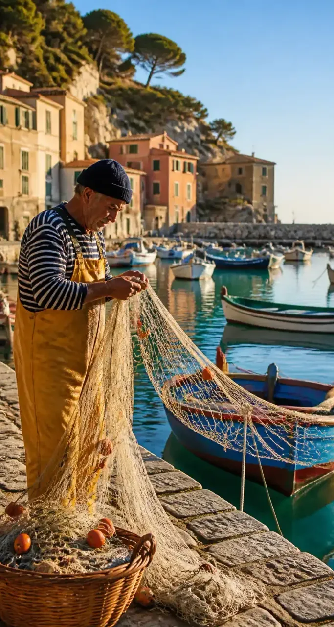 Pêcheur réparant ses filets au petit matin dans un port méditerranéen bordé de barques colorées