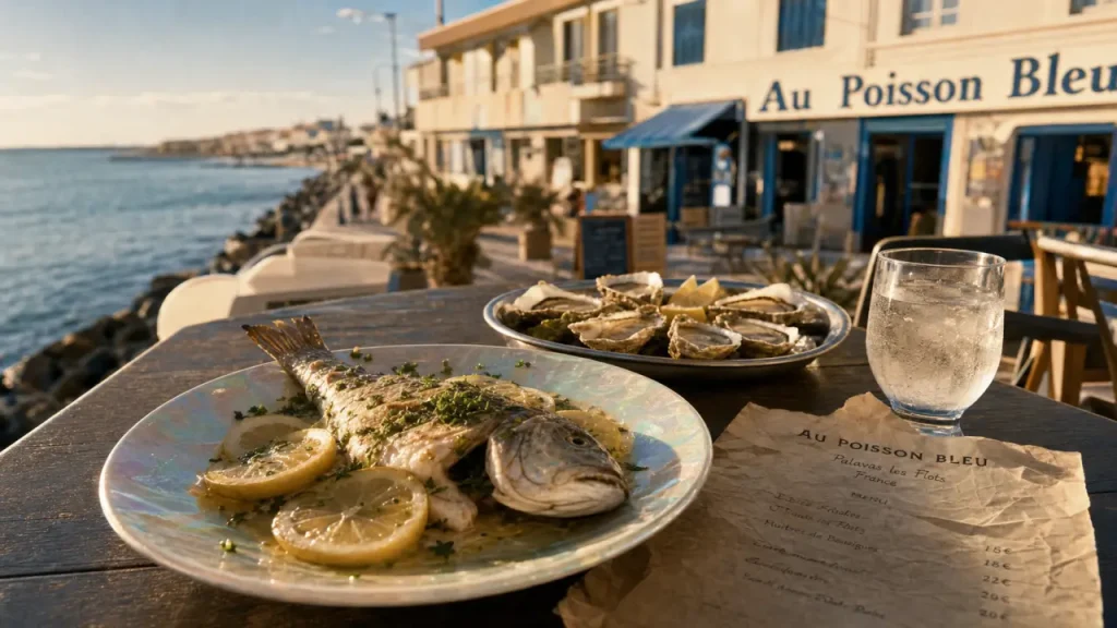 Restaurant au poisson bleu à Palavas-les-Flots : assiette de poisson frais sur terrasse face à la mer