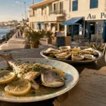 Restaurant au poisson bleu à Palavas-les-Flots : assiette de poisson frais sur terrasse face à la mer