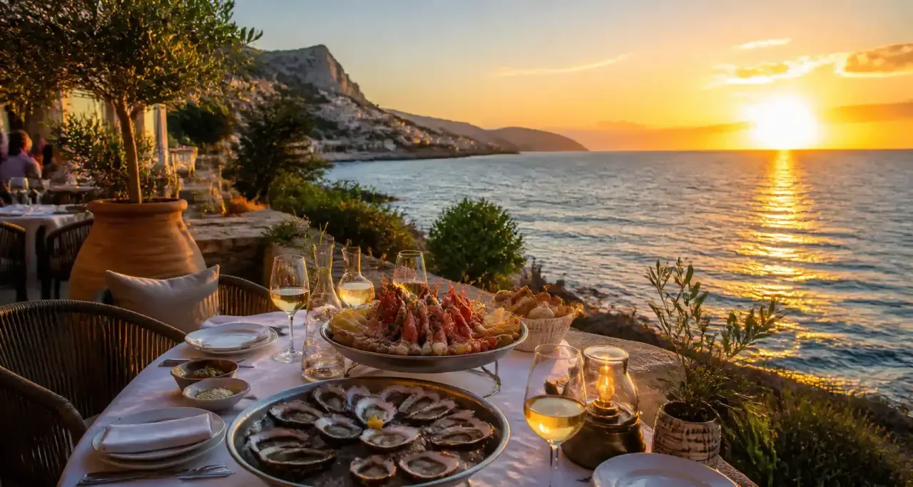 Terrasse d'un restaurant de fruits de mer face à la Méditerranée au coucher du soleil