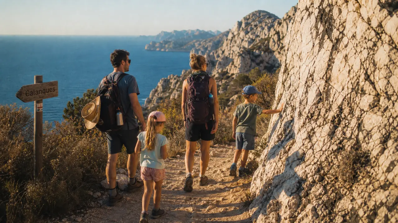 52 balades en famille autour de Marseille : famille sur sentier dans les Calanques