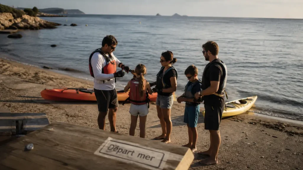 Activités nautiques Ajaccio : moniteur aide une famille à se préparer au départ près de l’eau