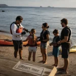 Activités nautiques Ajaccio : moniteur aide une famille à se préparer au départ près de l’eau