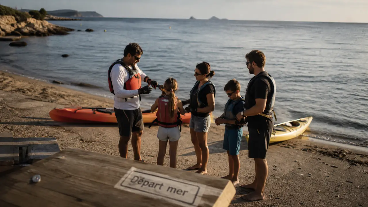 Activités nautiques Ajaccio : moniteur aide une famille à se préparer au départ près de l’eau