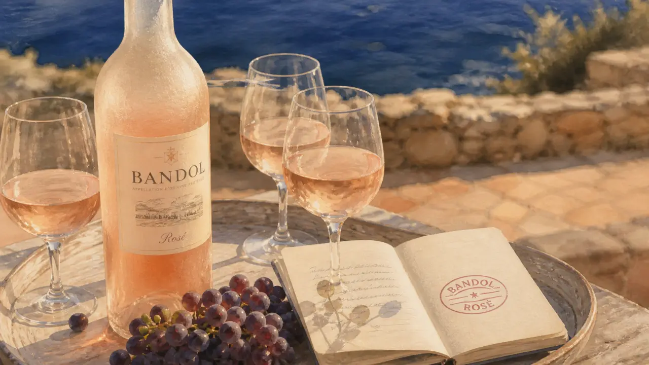 Bandol vin rosé au Mourvèdre, rosé de gastronomie sur terrasse en bord de mer