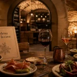 Cave à manger & cave à vin Maison Saint Crescent : table bistrot voûtée en pierre et verres de vin