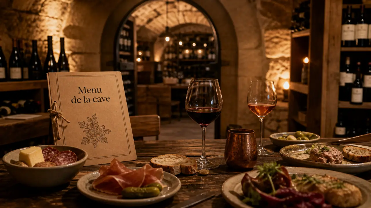 Cave à manger & cave à vin Maison Saint Crescent : table bistrot voûtée en pierre et verres de vin