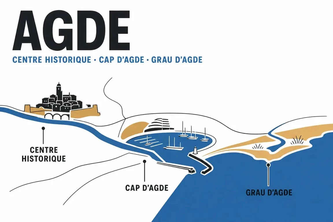 Hôtels à Agde : illustration éditoriale des quartiers centre-ville, Cap d’Agde et Grau d’Agde au bord de la Méditerranée