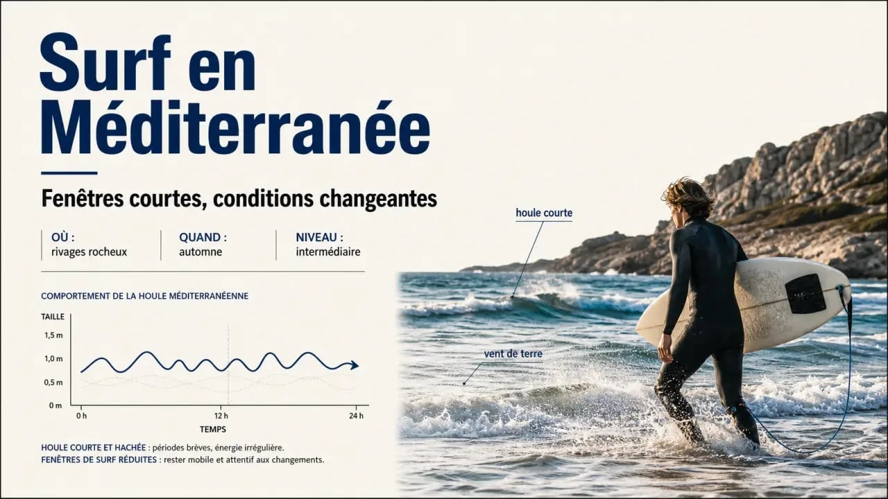 Surfer en Méditerranée sur une plage méditerranéenne avec vagues courtes et vent de Mistral