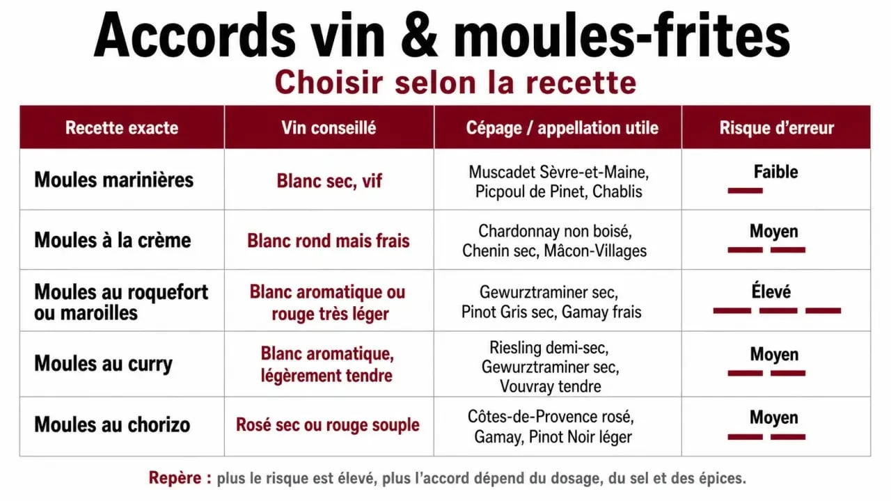 Quelle vin avec moules frites : infographie des accords selon la recette de moules