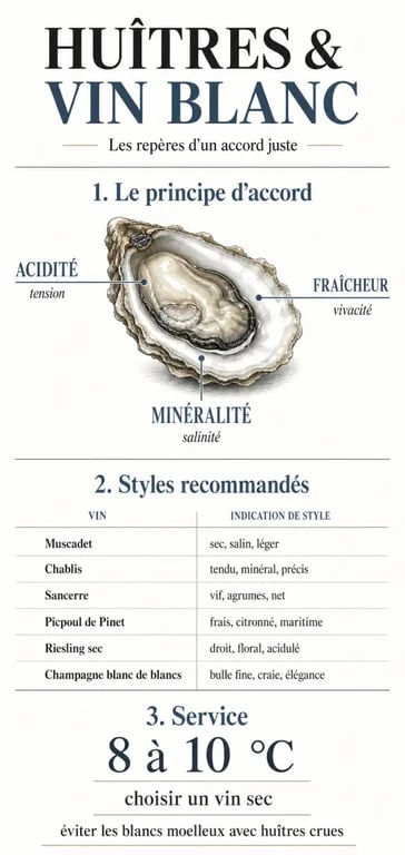 Infographie huîtres vin blanc : acidité, fraîcheur, minéralité et meilleurs accords