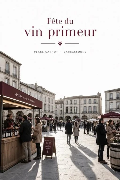 Vin primeur carcassonne : illustration de la Place Carnot pendant la fête, stands de dégustation et ambiance du soir