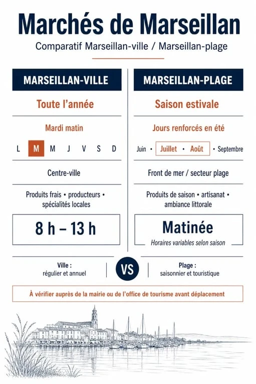 Marché de Marseillan : comparatif visuel des horaires et des zones entre Marseillan-ville et Marseillan-plage