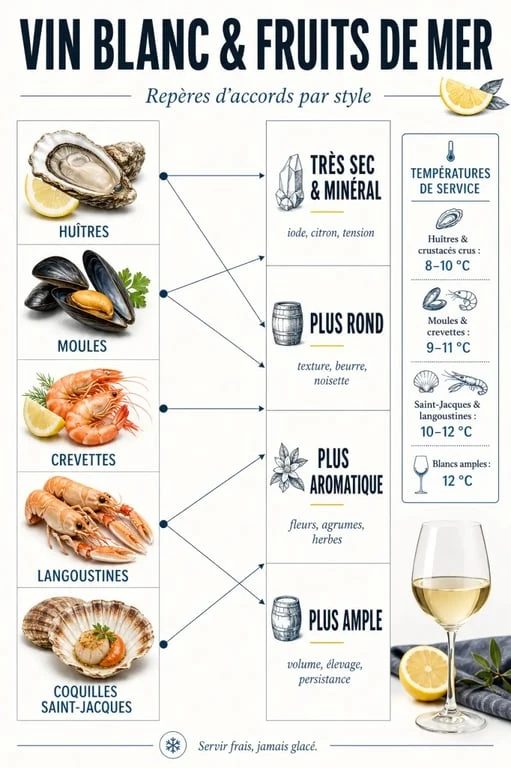 Infographie sur le vin blanc pour fruits de mer : accords par type de fruit de mer et températures de service