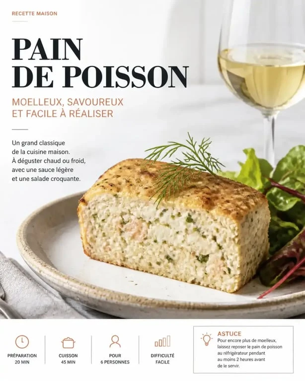 Pain de poisson maison accompagné d'un verre de vin blanc sec pour un accord mets-vin réussi