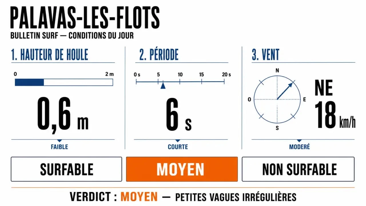 Y'a du surf Palavas : infographie des seuils de houle, période et vent pour savoir si les conditions sont surfables