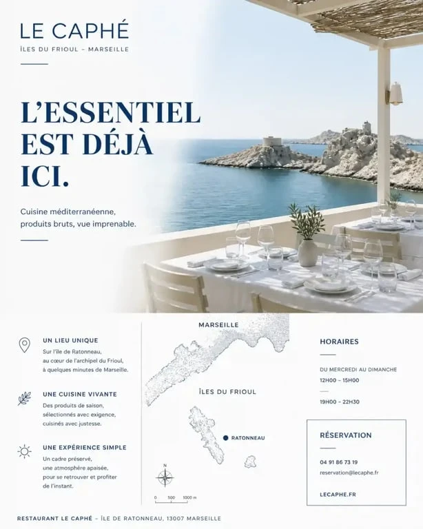 Terrasse de restaurant au Frioul avec vue sur la mer Méditerranée
