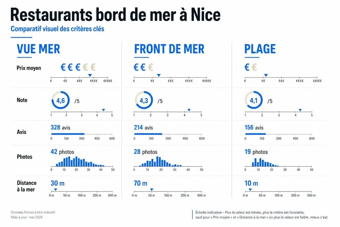 restaurants bord de mer nice : comparaison visuelle des critères vue mer, front de mer, plage, prix et avis
