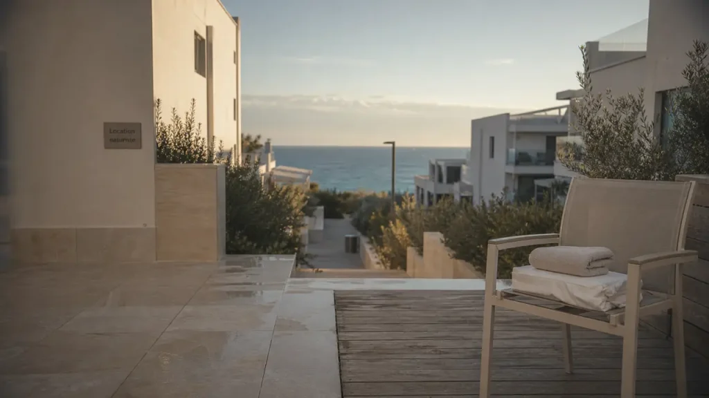 location camp naturiste cap d agde : terrasse et chemin vers le Village Naturiste