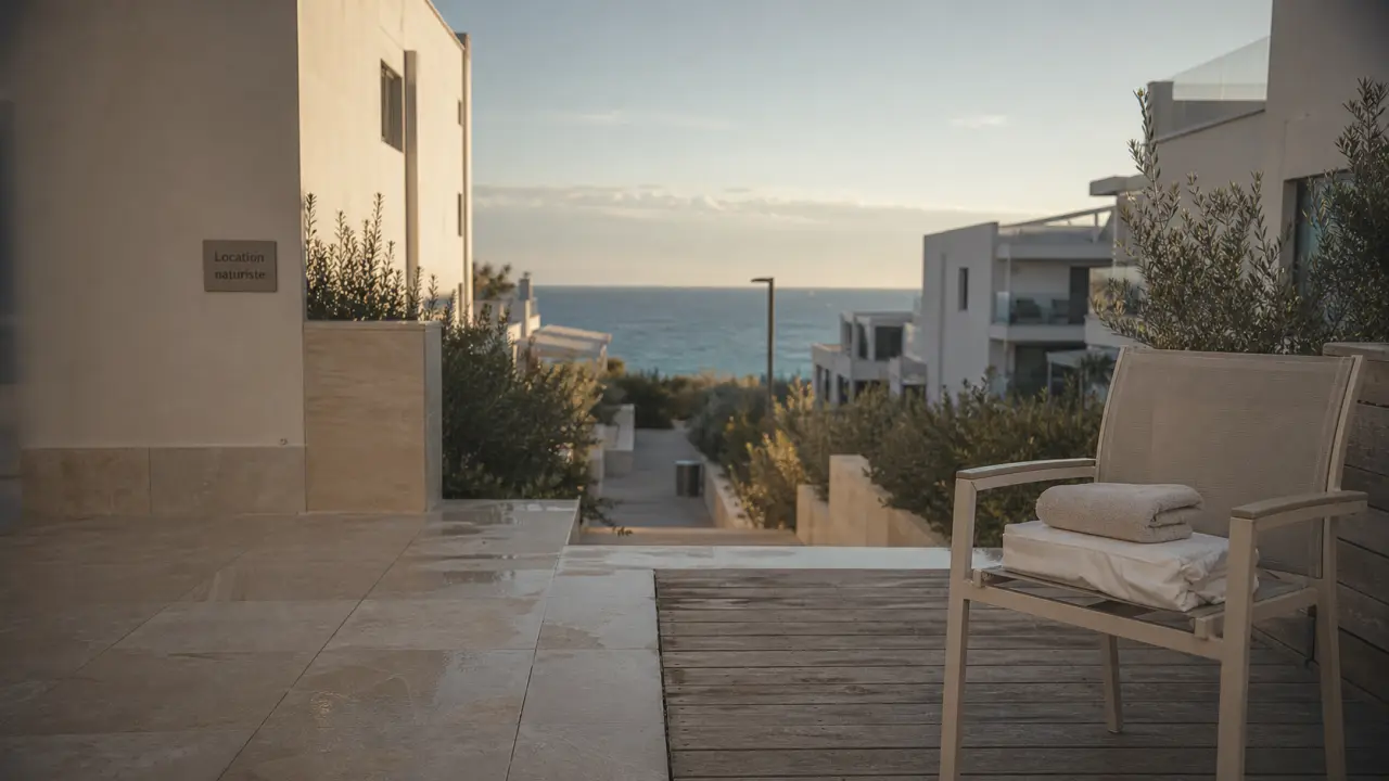 location camp naturiste cap d agde : terrasse et chemin vers le Village Naturiste