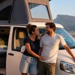 Location van aménagé Toulon : couple près d’un van, départ vers la Corse