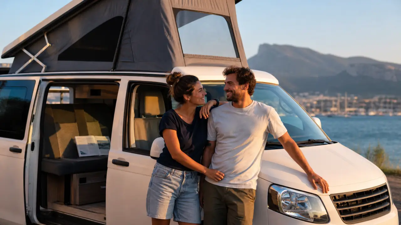 Location van aménagé Toulon : couple près d’un van, départ vers la Corse
