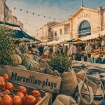 Marché de marseillan : allée du marché et étals de fruits et poissons