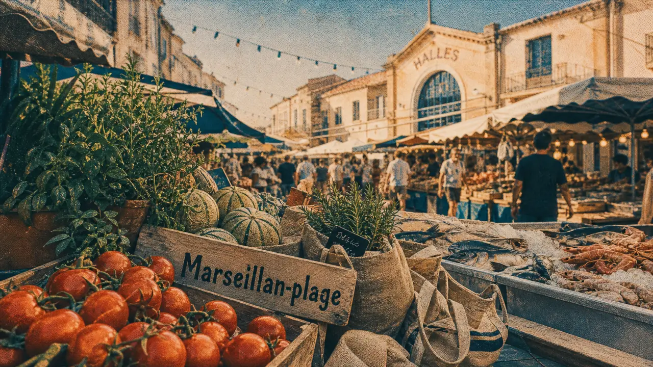 Marché de marseillan : allée du marché et étals de fruits et poissons
