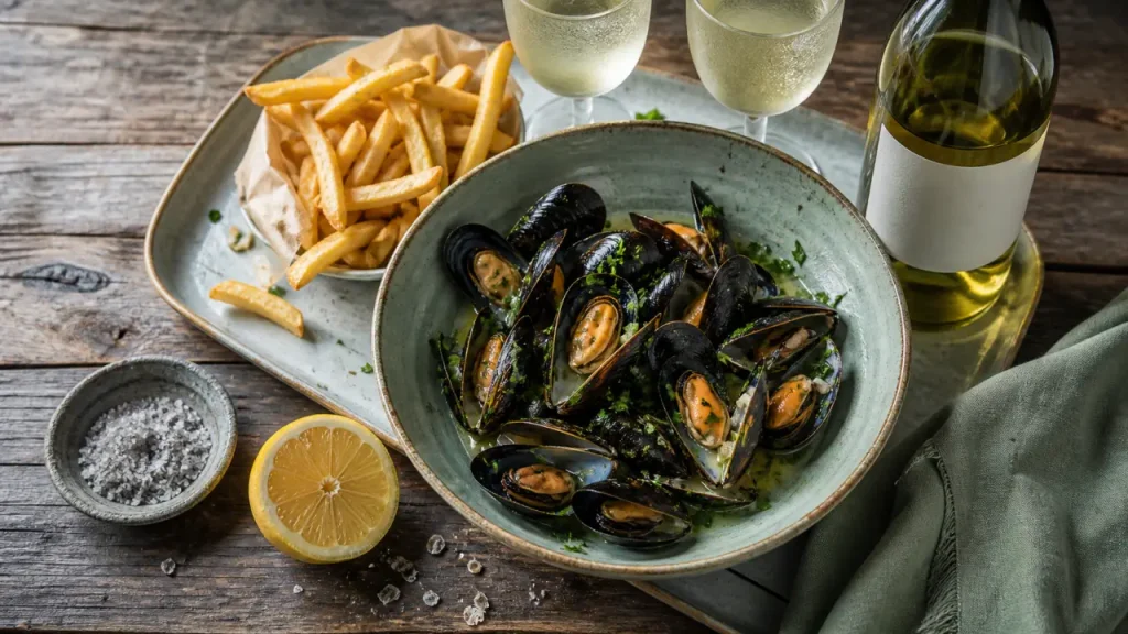 Quelle vin avec moules frites : vin blanc sec avec moules marinières et frites