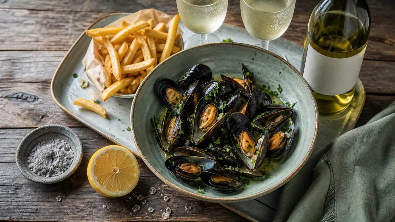 Quelle vin avec moules frites : vin blanc sec avec moules marinières et frites