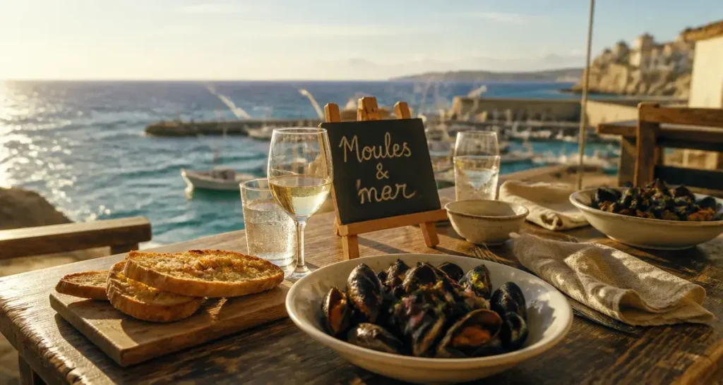 Restaurant au Frioul : table en bord de mer, moules et vue mer turquoise
