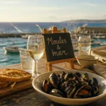 Restaurant au Frioul : table en bord de mer, moules et vue mer turquoise