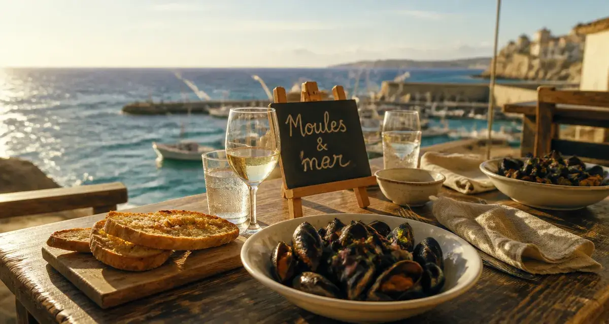Restaurant au Frioul : table en bord de mer, moules et vue mer turquoise