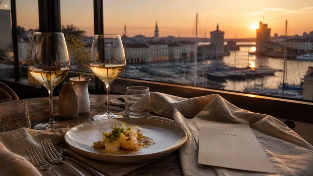 restaurant les flots à La Rochelle, vue Vieux Port au coucher du soleil