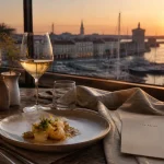restaurant les flots à La Rochelle, vue Vieux Port au coucher du soleil
