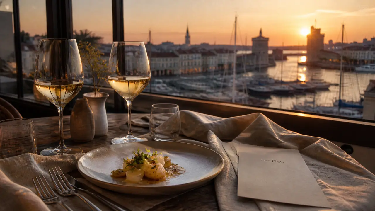 restaurant les flots à La Rochelle, vue Vieux Port au coucher du soleil