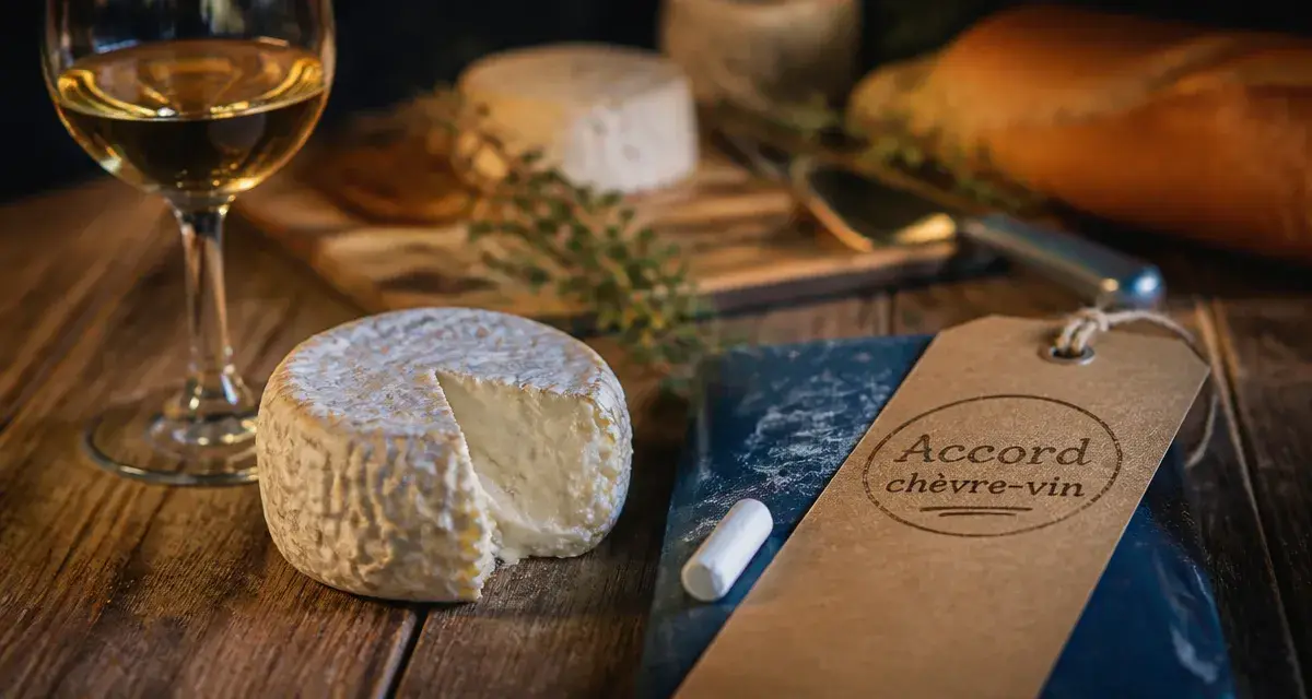 Vin avec fromage de chèvre : photo d’accord, verre de vin blanc et crottin de chèvre