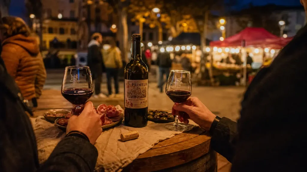 Vin primeur carcassonne à Place Carnot, verres et charcuterie