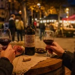 Vin primeur carcassonne à Place Carnot, verres et charcuterie