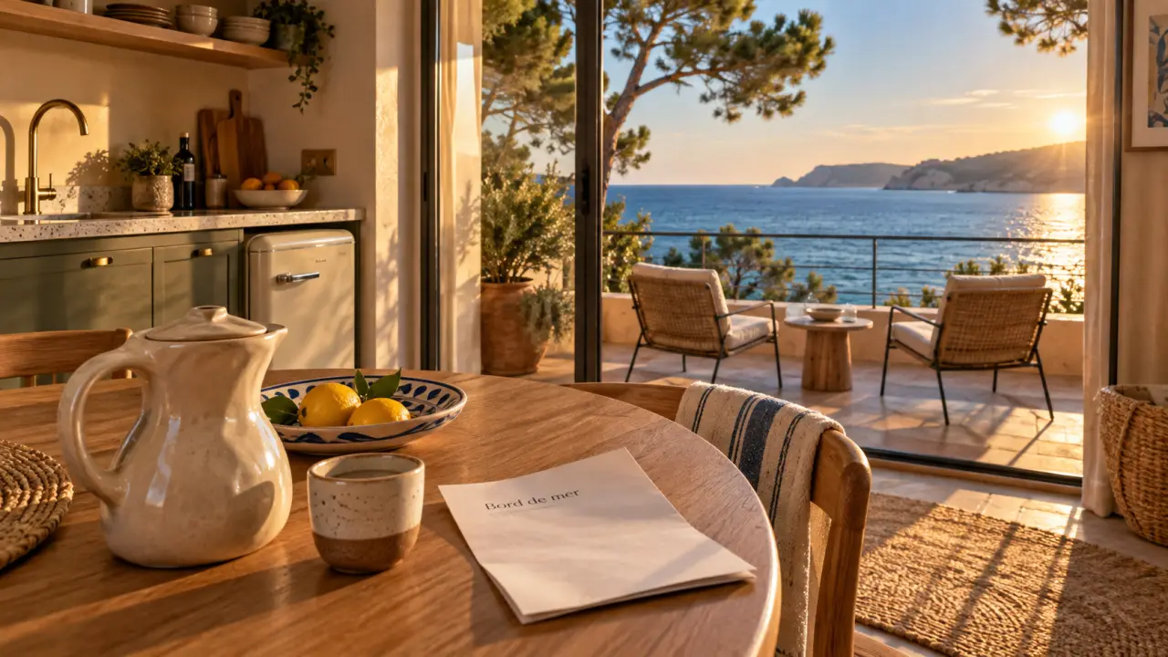Appart hôtel bord de mer méditerranée : kitchenette face à la mer