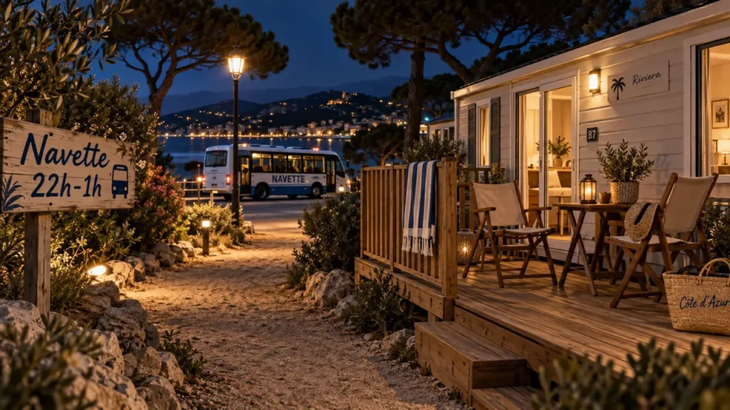 Camping les pins cap d agde : terrasse mobil-home et navette nocturne