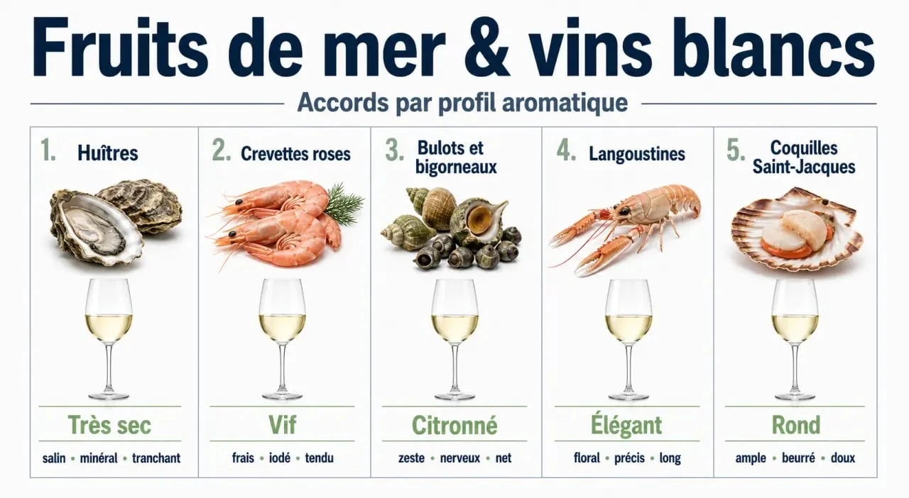 Vin blanc fruit de mer : tableau visuel des meilleurs accords selon huîtres, crevettes, bulots, langoustines et Saint-Jacques