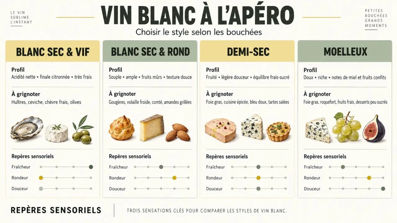 Infographie sur le vin blanc apéro selon les styles sec, rond, demi-sec et moelleux