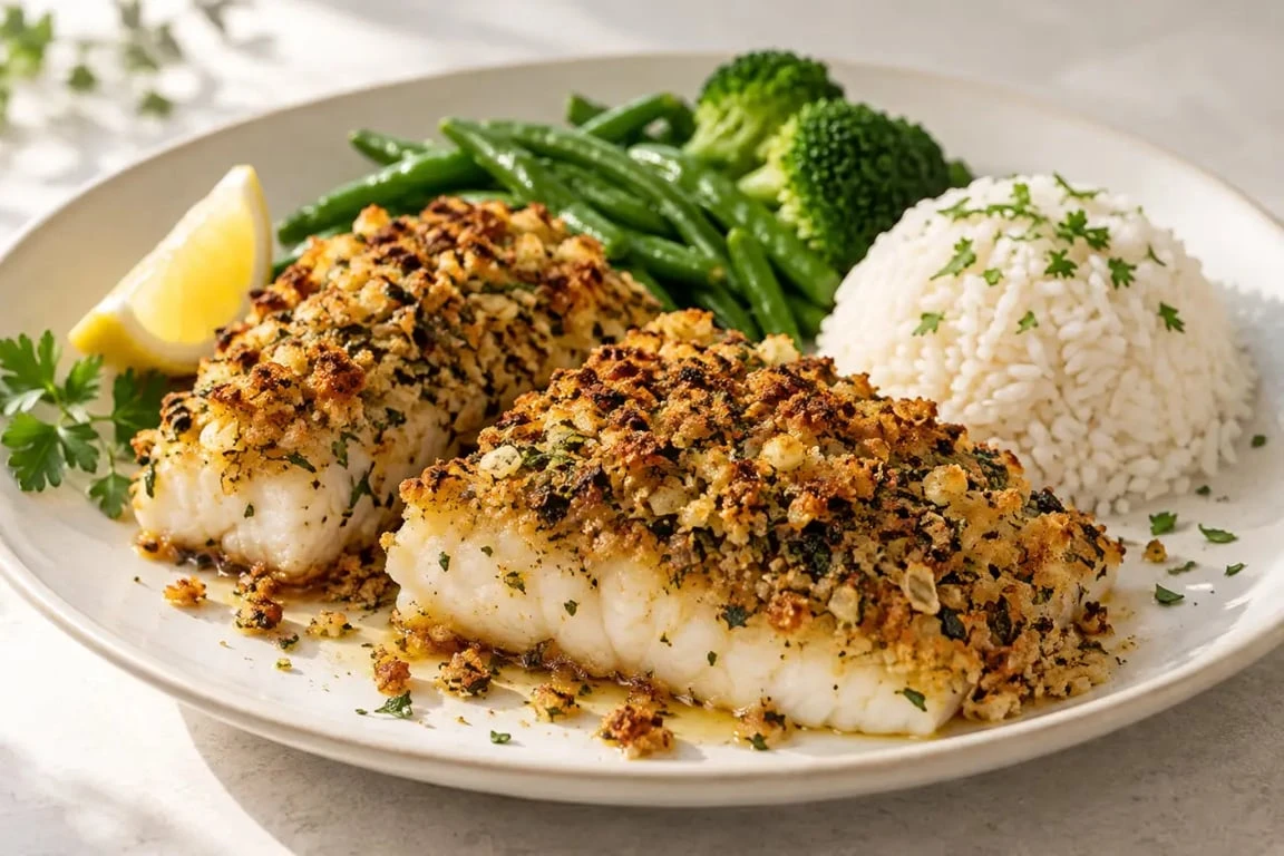 Poisson à la bordelaise maison avec croûte dorée, citron et riz vapeur