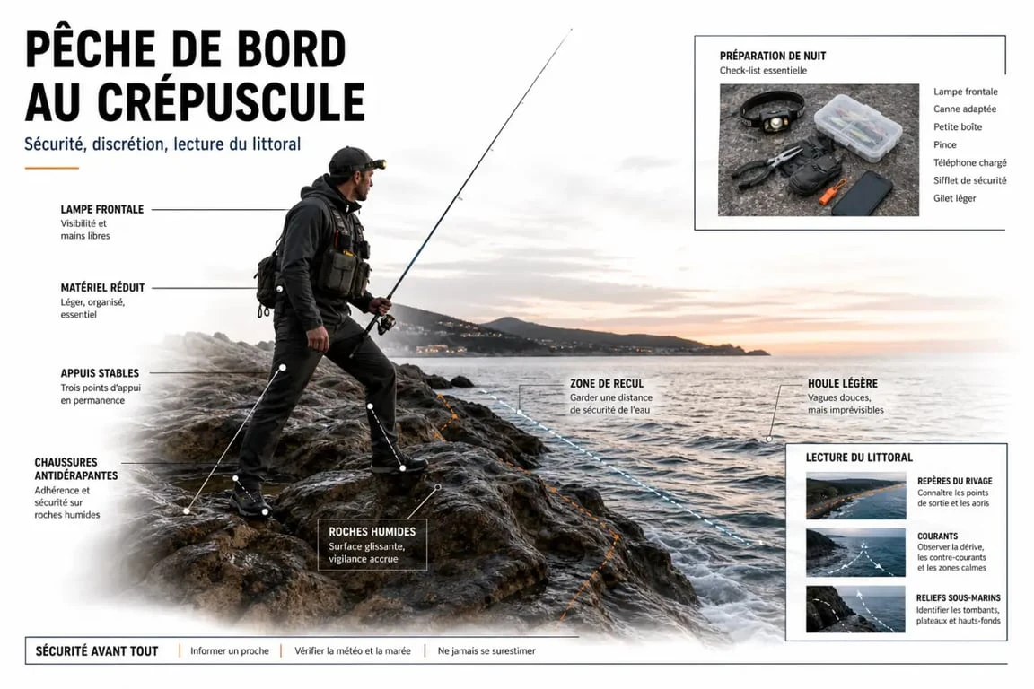 Pêche en bord de mer méditerranée : sécurité et discrétion sur les rochers au crépuscule