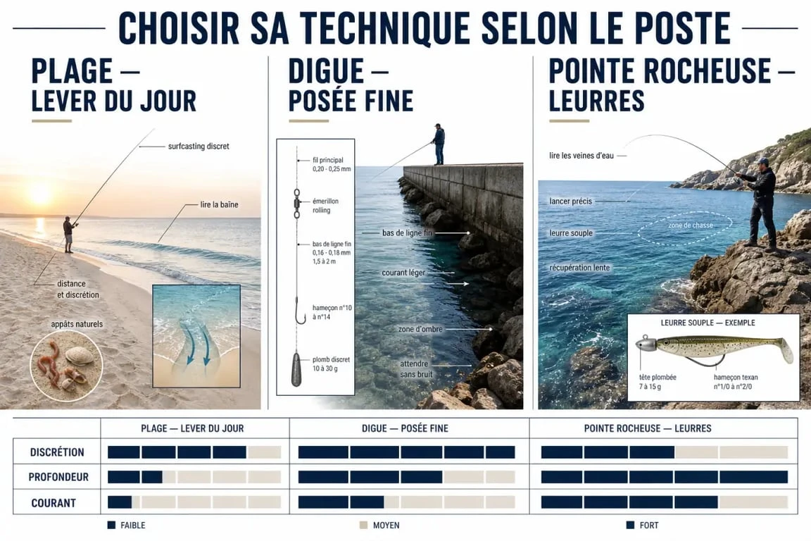 Pêche en bord de mer méditerranée : visuel comparatif des techniques selon le poste