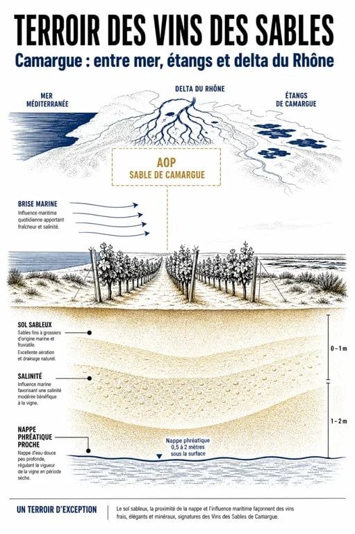 Vins des sables en Camargue, illustration du terroir sableux et de la zone AOP Sable de Camargue