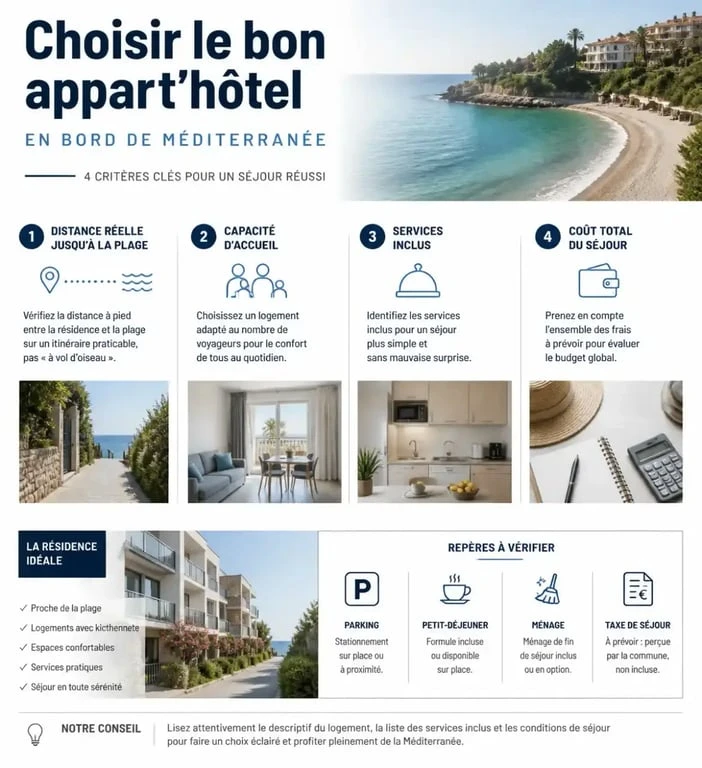 Infographie pour choisir un appart hôtel bord de mer Méditerranée selon la distance à la plage, les services et le coût total